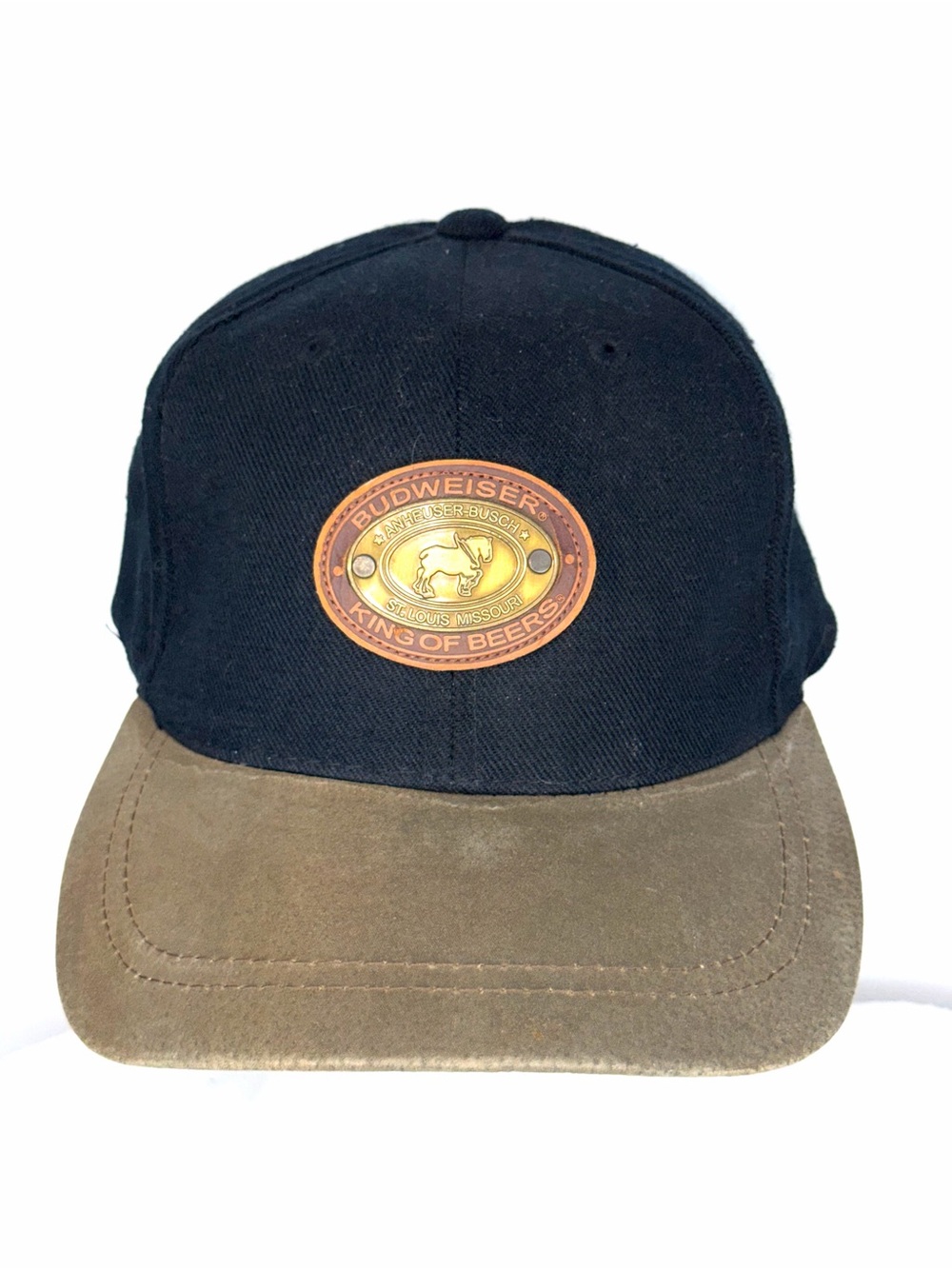 Budweiser Black Cap with Brown Suede Brim and Logo Patch